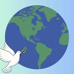 logo for El centro hispanoamericano. White dove in front of a simple graphic earth on a gradient blue background