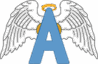 logo with blue letter "A" with white angel wings and yellow halo on letter
